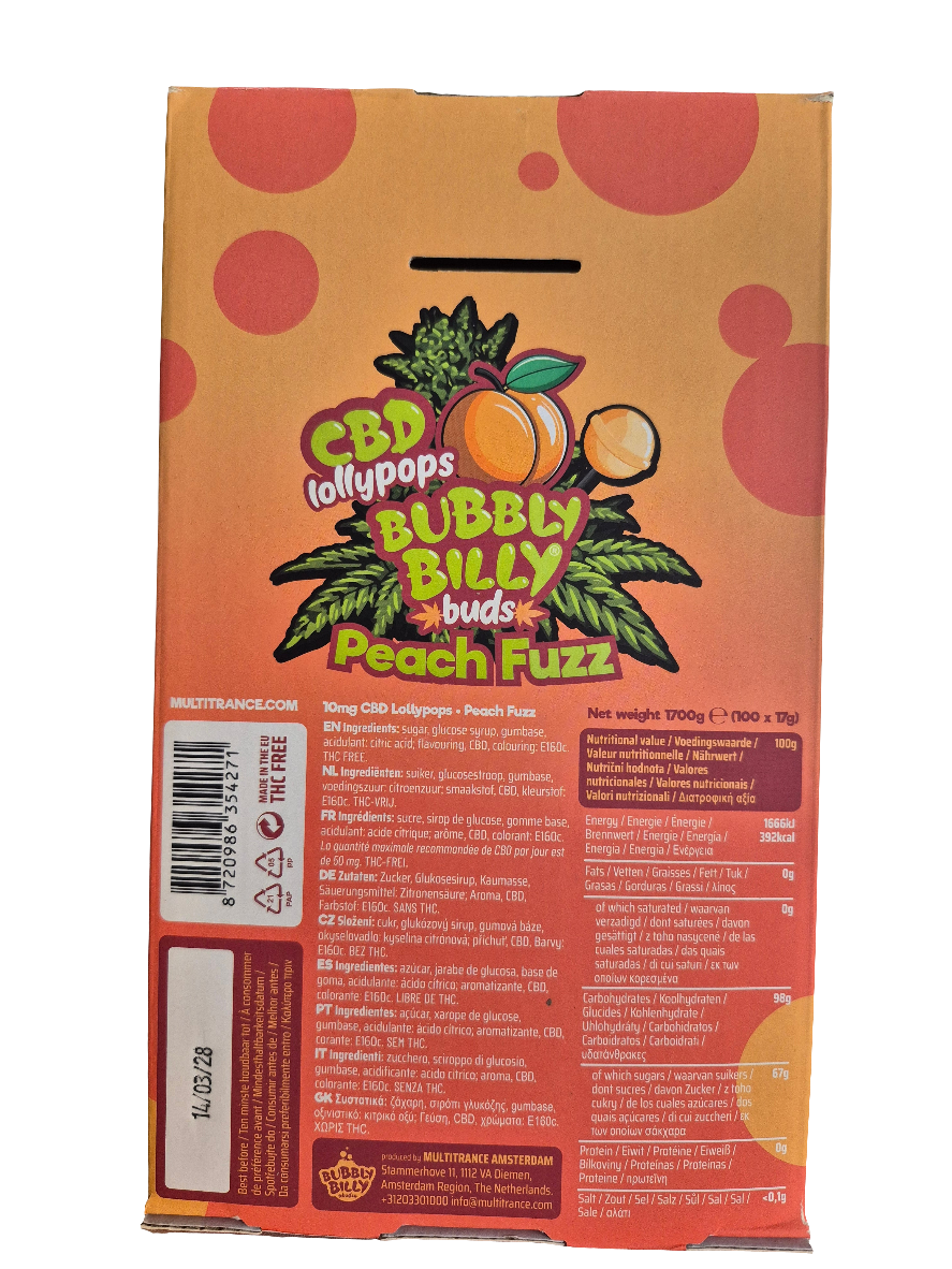 BUBBLY BILLY - SUCETTE AU CBD ET AU CHEWING-GUM" PÊCHE ACIDULÉE " 10mg CBD- 20% CBD