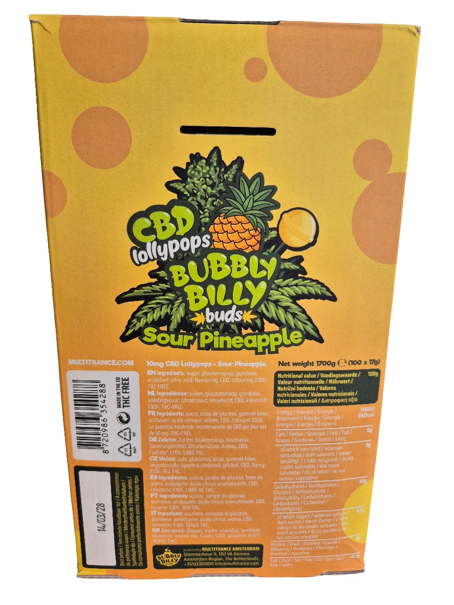 Sucette avec Chewing-gum au CBD 10mg - Lollypops Bubbly Billy buds 20% CBD - Ananas acidulé -