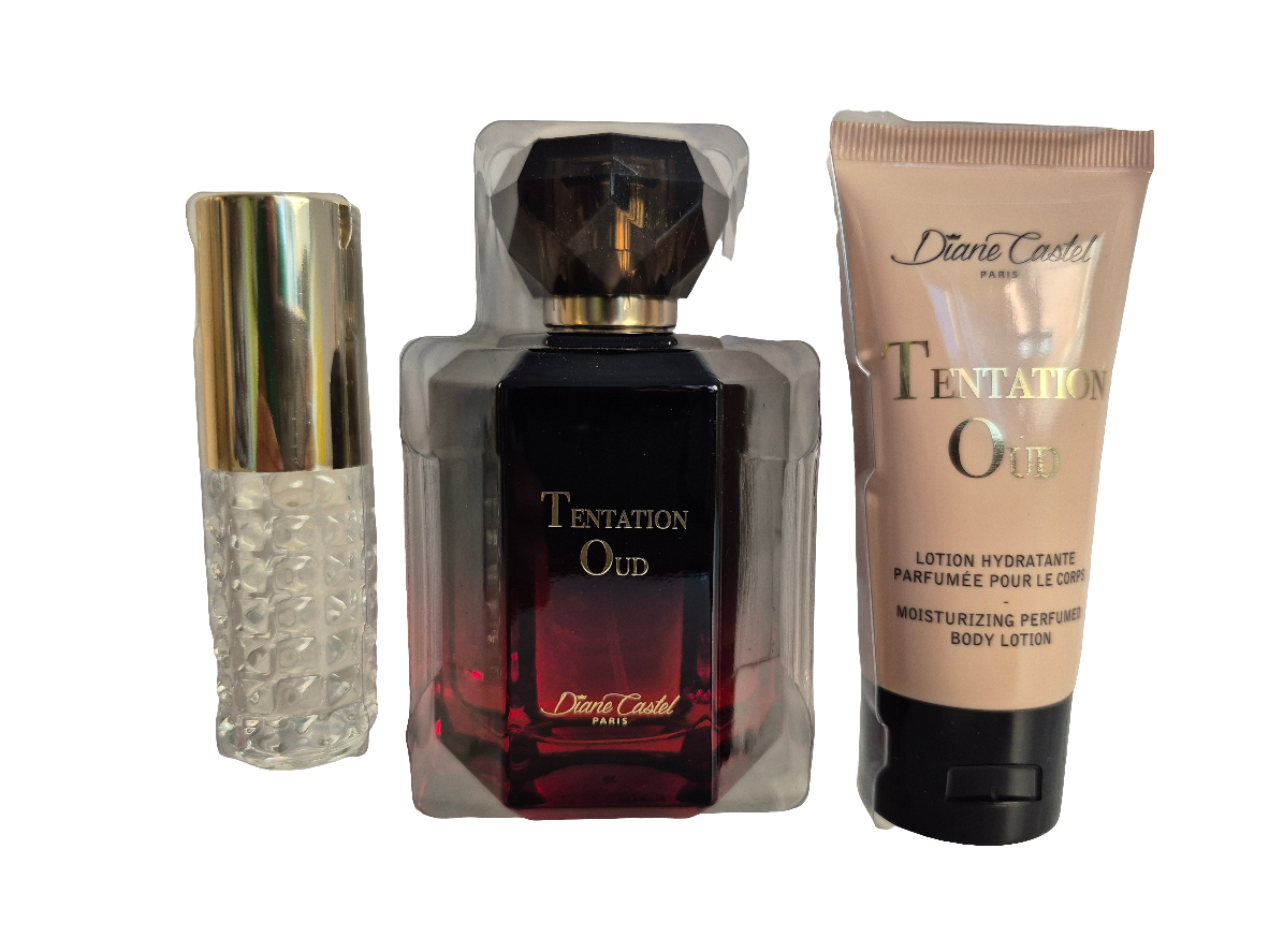Coffret Parfum Tentation oud (1 parfum de poche 10ml + 1 eau de parfum 100ml + 1 lait parfumé pour le corps 50ml)