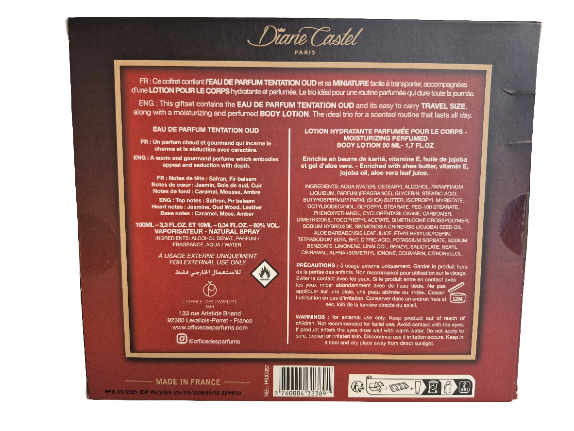 Coffret Parfum Tentation oud (1 parfum de poche 10ml + 1 eau de parfum 100ml + 1 lait parfumé pour le corps 50ml)