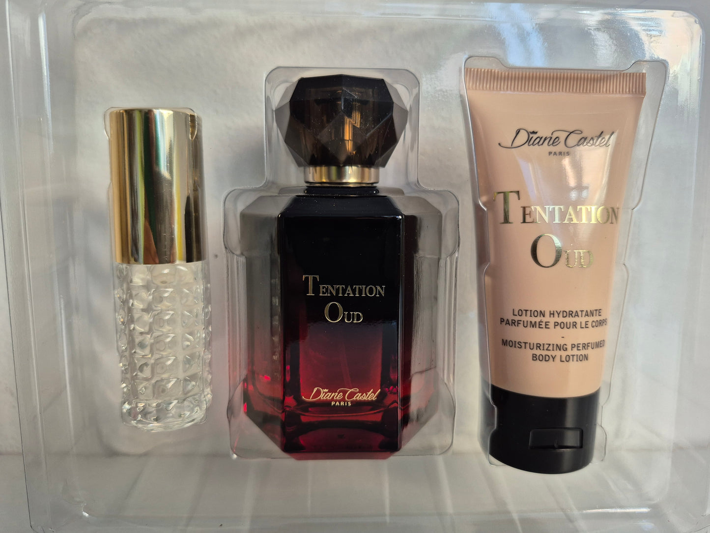 Coffret Parfum Tentation oud (1 parfum de poche 10ml + 1 eau de parfum 100ml + 1 lait parfumé pour le corps 50ml)